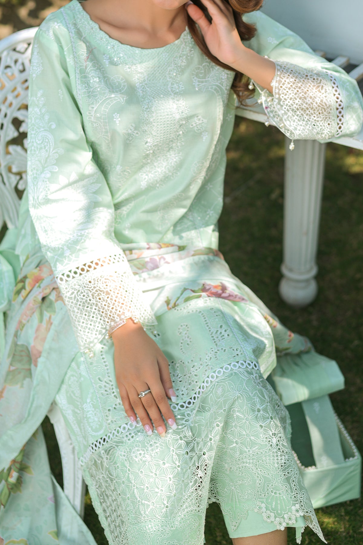 Mint Green 3-Piece Digital Print Lawn Suit | Appliqué & Embroidery | DPC-430