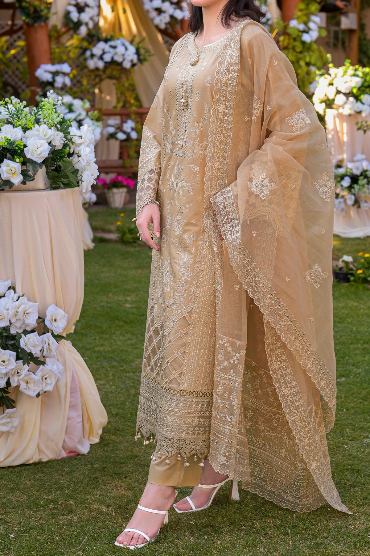 Skin Embroidered Cotton 3-Piece Suit | Organza Dupatta | CTN-466 Skin