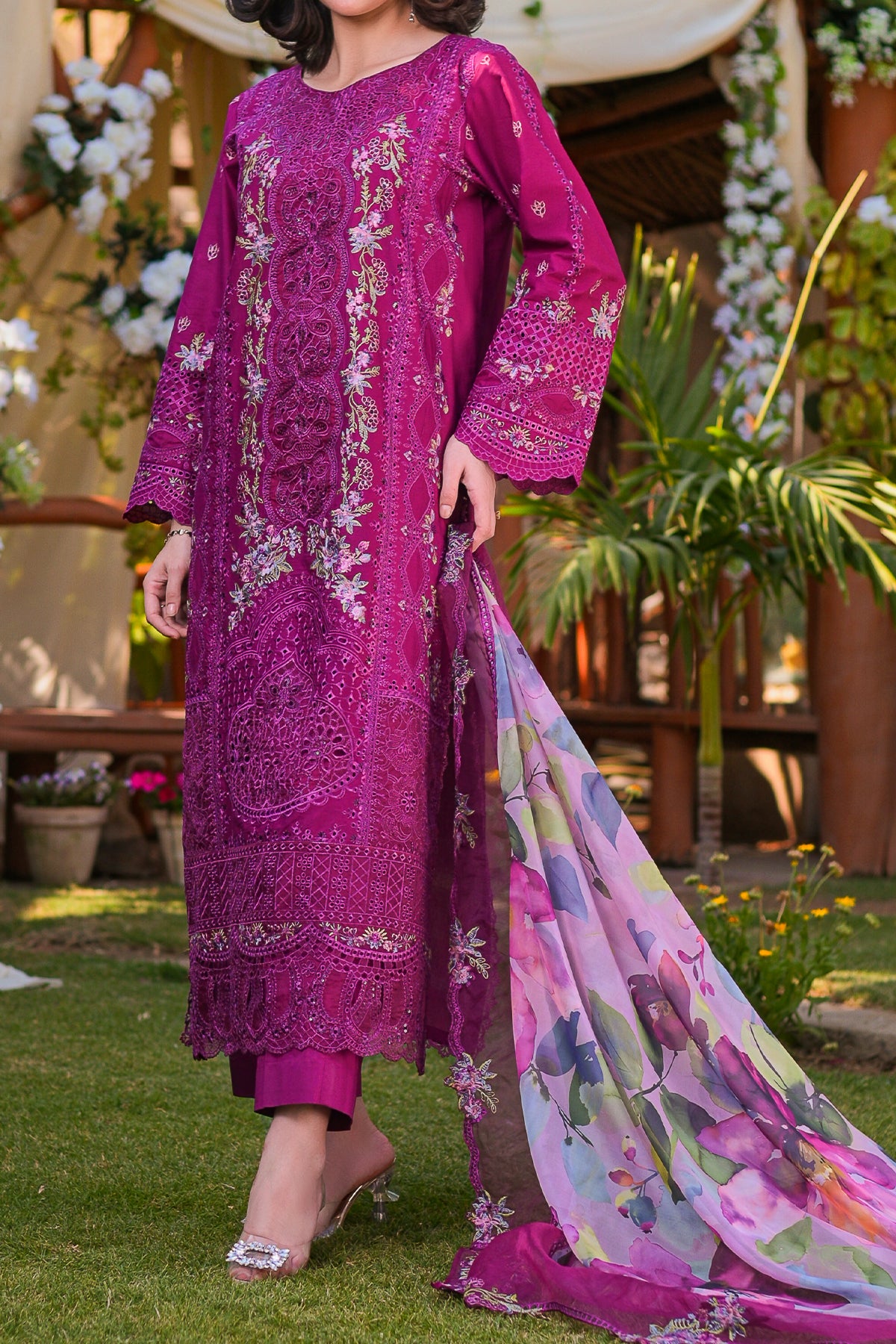 3-piece unstitched embroidered lawn suit with digital printed silk dupatta – Zarufa Creations