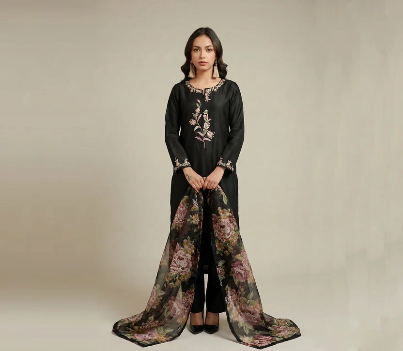 Black raw silk hand-embroidered 3-piece shalwar kameez for Eid and festive wear
