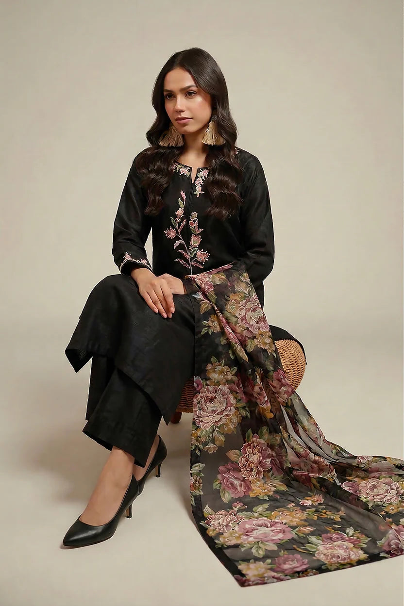 Black Raw Silk Hand-Embroidered 3-Piece Shalwar Kameez | Festive Collection | 7120