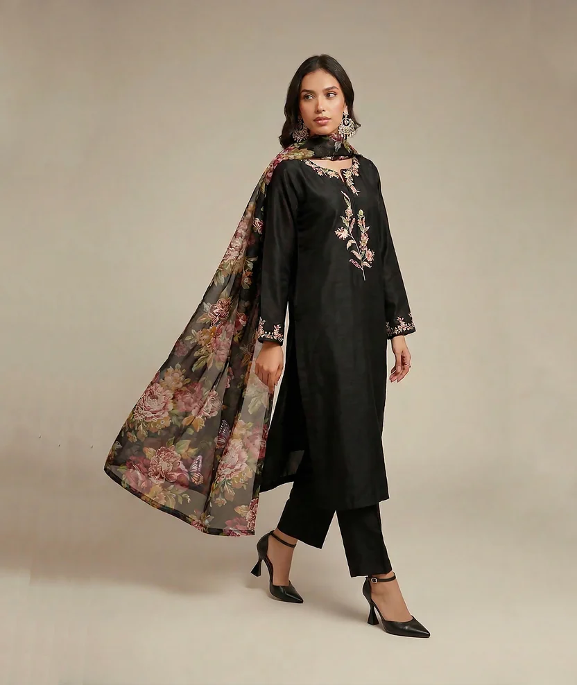 Black Raw Silk Hand-Embroidered 3-Piece Shalwar Kameez | Festive Collection | 7120