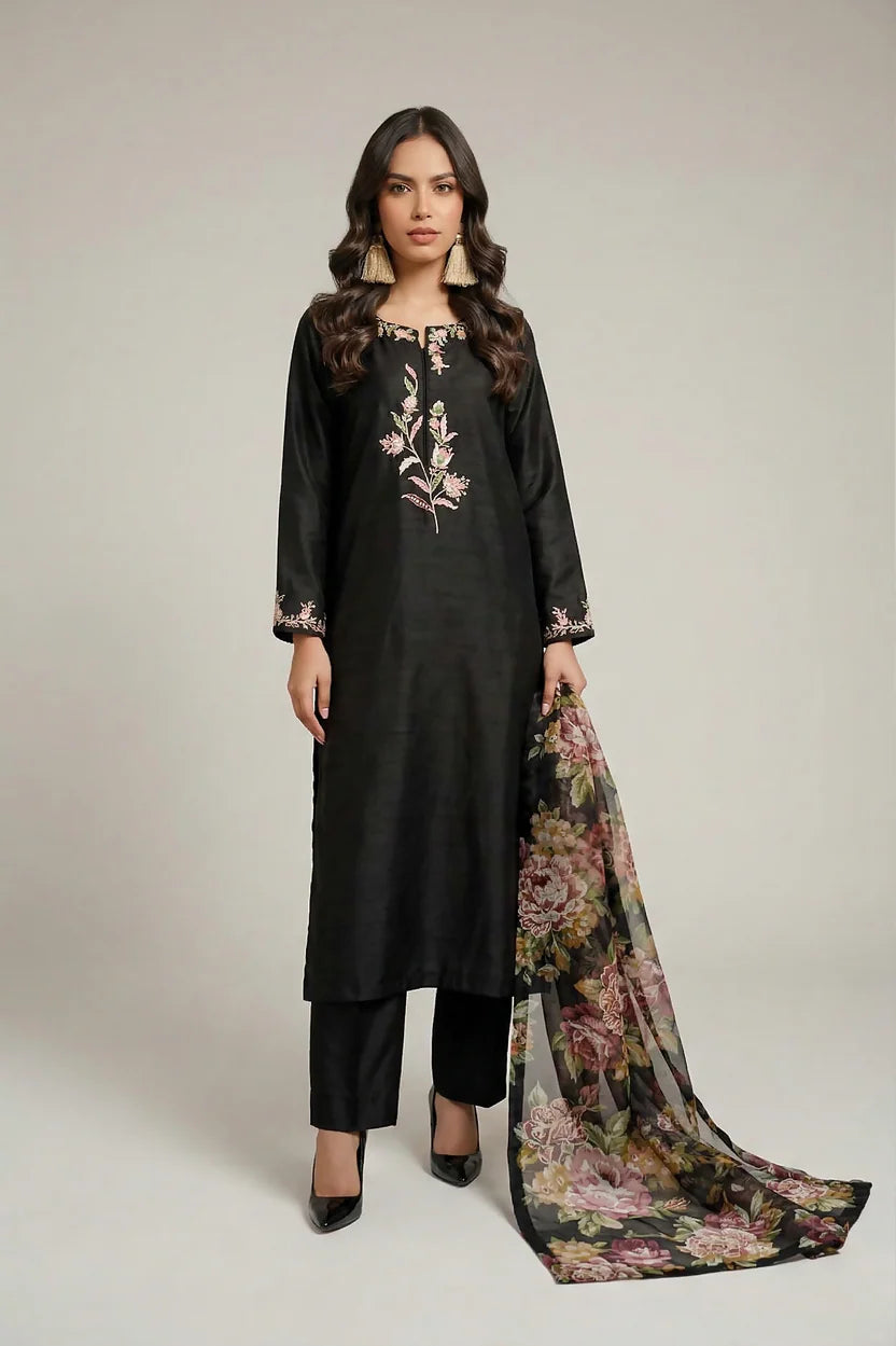 Black Raw Silk Hand-Embroidered 3-Piece Shalwar Kameez | Festive Collection | 7120