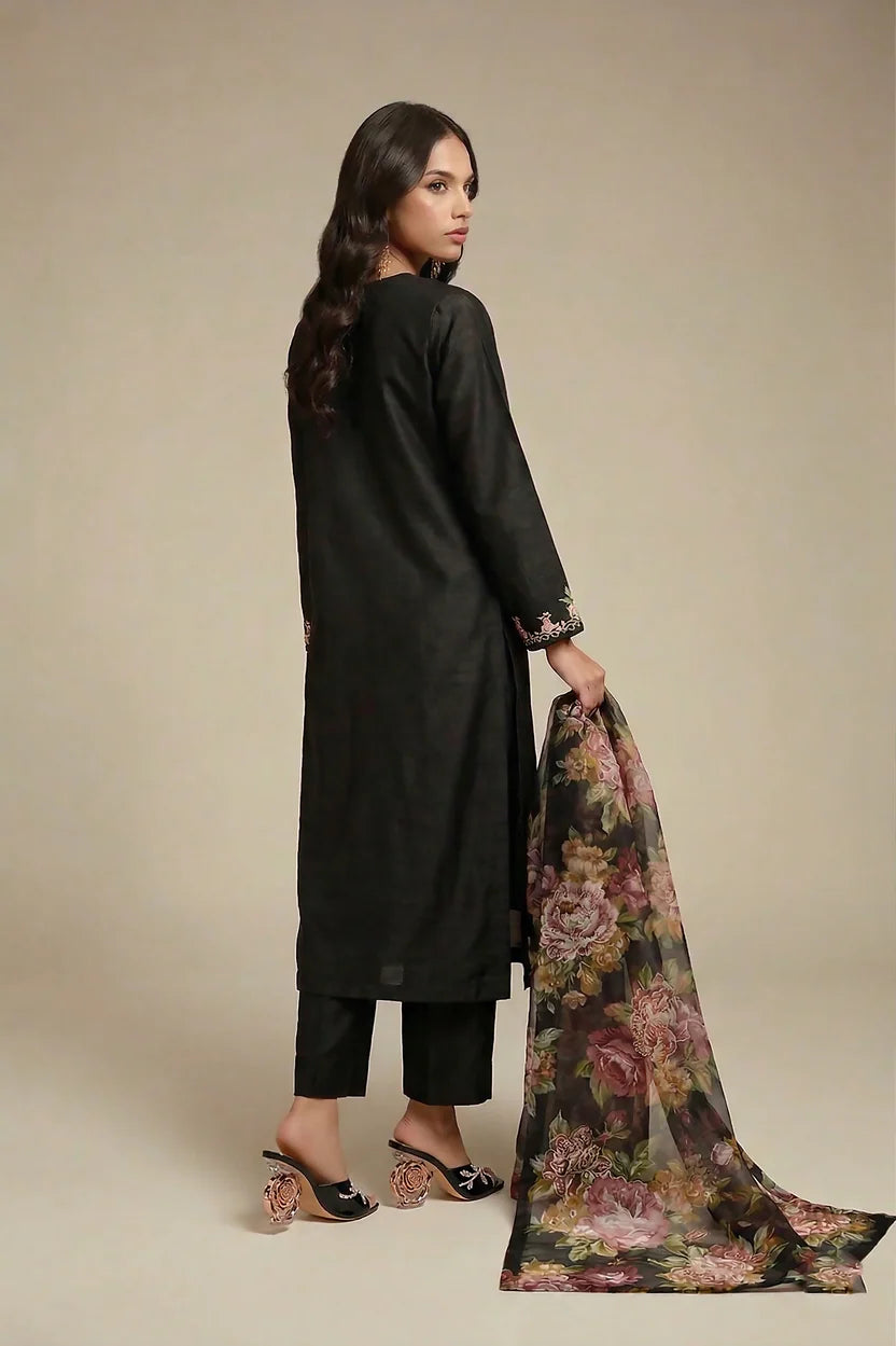 Black raw silk hand-embroidered 3-piece shalwar kameez for Eid and festive wear