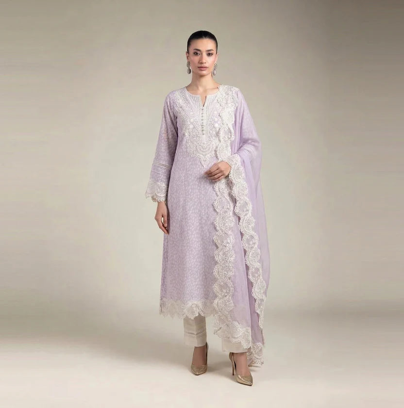 Lilac embroidered georgette kurta 3-piece set with chiffon dupatta – Code 7145