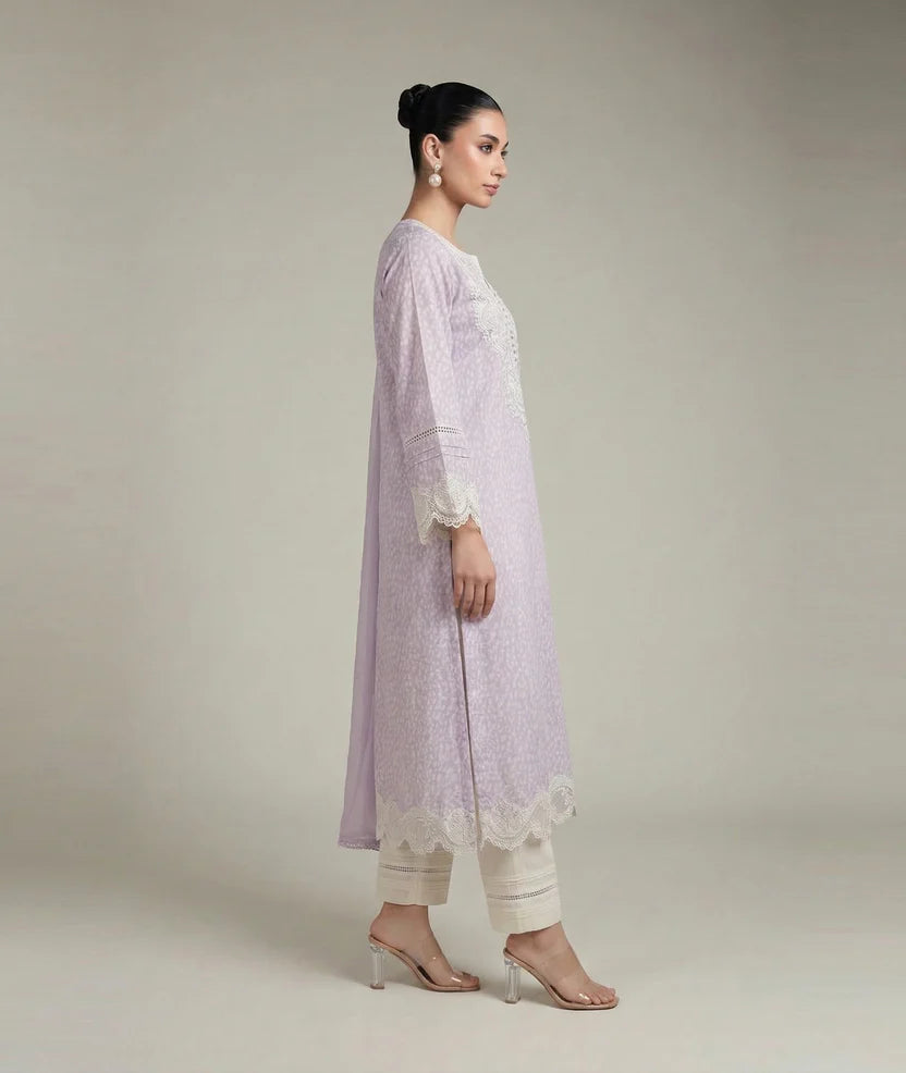 Lilac Embroidered Georgette 3-Piece Kurta Set | Lyrical Print | Ready to Wear | 7145