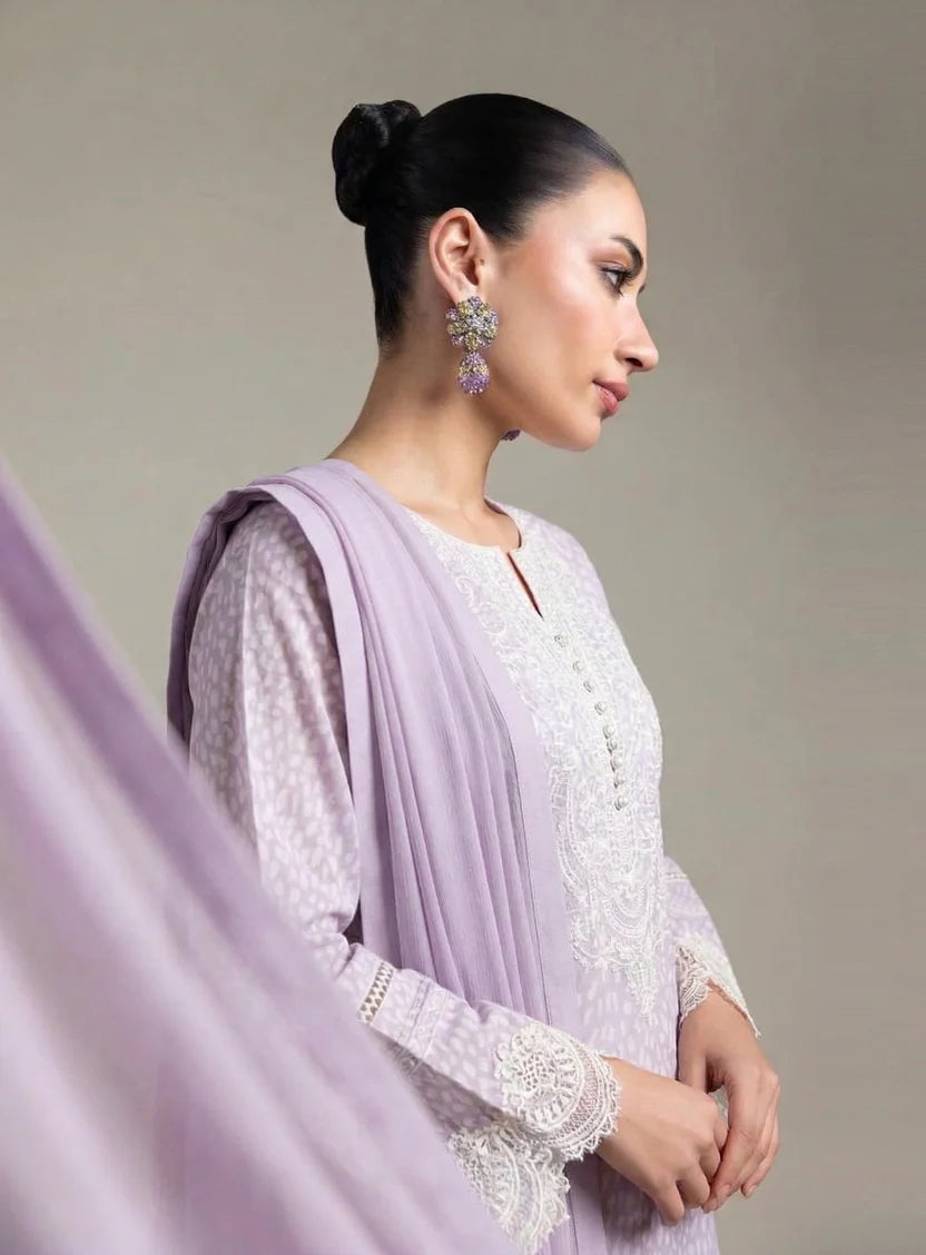 Lilac Embroidered Georgette 3-Piece Kurta Set | Lyrical Print | Ready to Wear | 7145