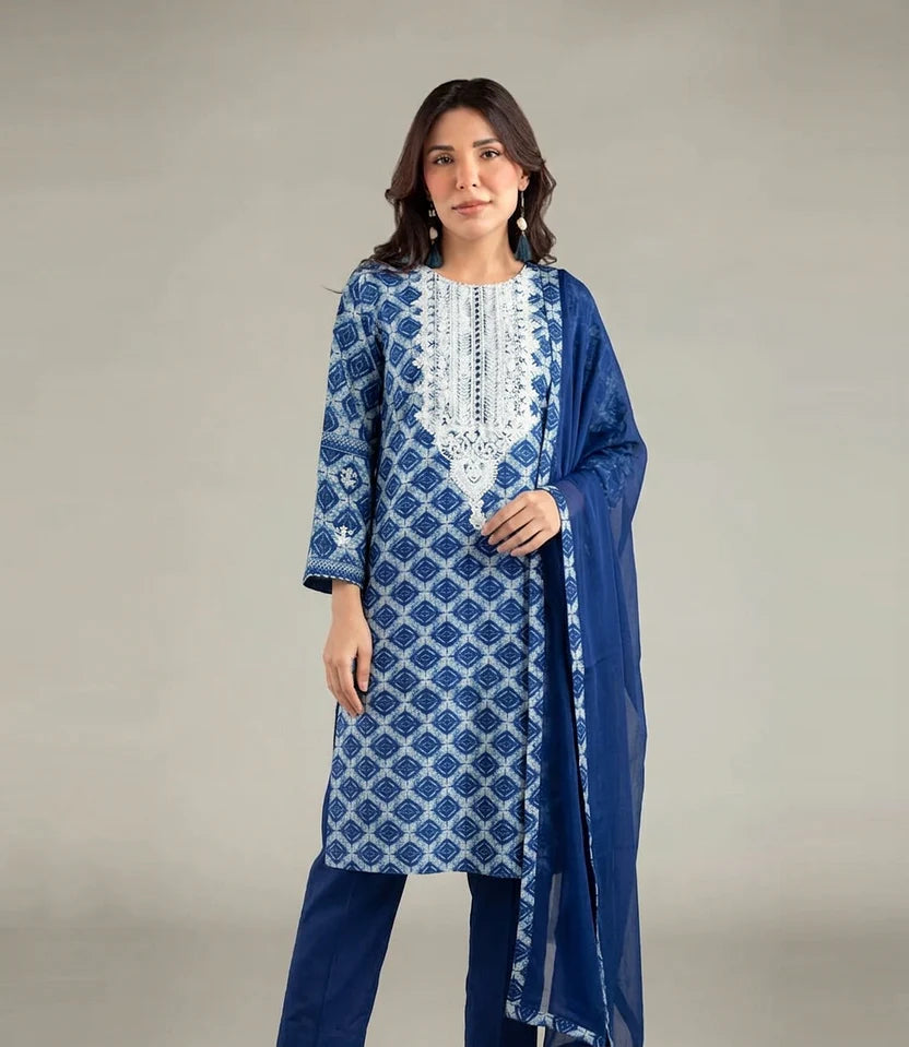 Navy Blue 3-Piece Printed Lawn Suit | Embroidered with Chiffon Dupatta — Code 7224