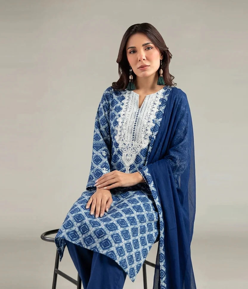 Navy blue 3-piece printed lawn suit with embroidery and chiffon dupatta – Code 7224