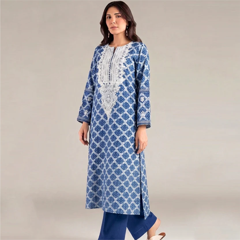 Navy blue 3-piece printed lawn suit with embroidery and chiffon dupatta – Code 7224