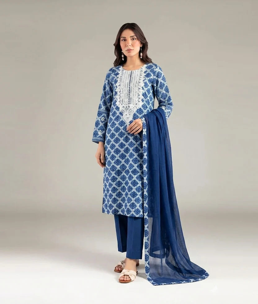 Navy Blue 3-Piece Printed Lawn Suit | Embroidered with Chiffon Dupatta — Code 7224