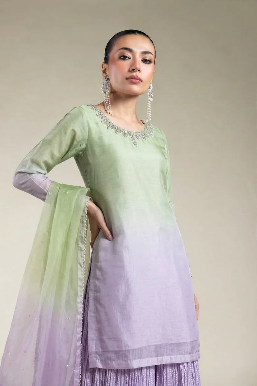 Shaded Silk Chiffon 3-Piece Gharara Suit | Pure Hand Embroidery | 7226