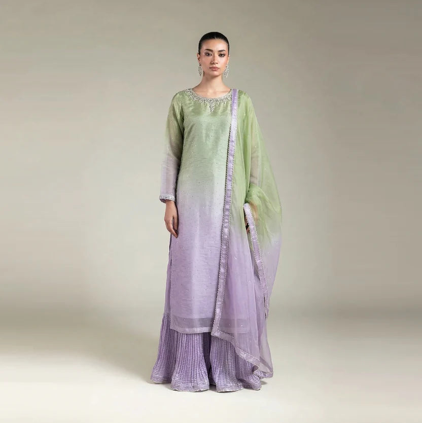 Shaded Silk Chiffon 3-Piece Gharara Suit | Pure Hand Embroidery | 7226