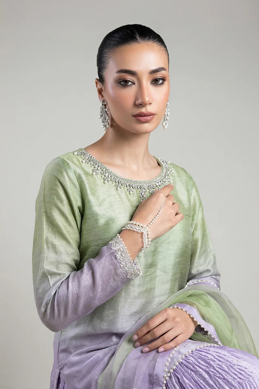 Shaded Silk Chiffon 3-Piece Gharara Suit | Pure Hand Embroidery | 7226