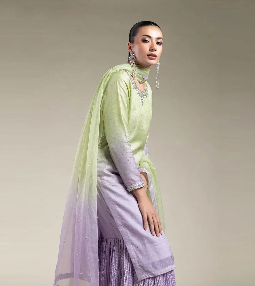 Shaded Silk Chiffon 3-Piece Gharara Suit | Pure Hand Embroidery | 7226