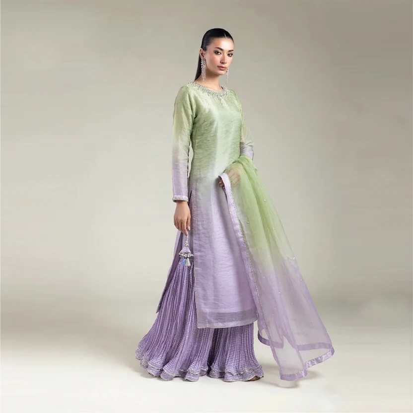 Shaded Silk Chiffon 3-Piece Gharara Suit | Pure Hand Embroidery | 7226