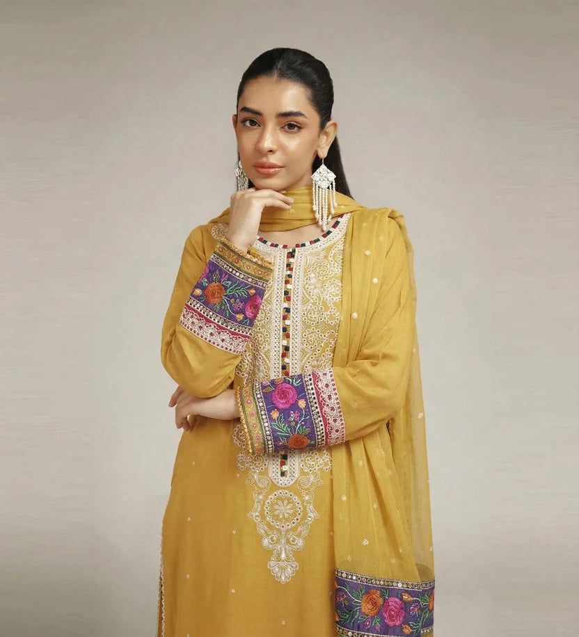 Yellow Embroidered Tropical 3-Piece Shalwar Kameez | 7227