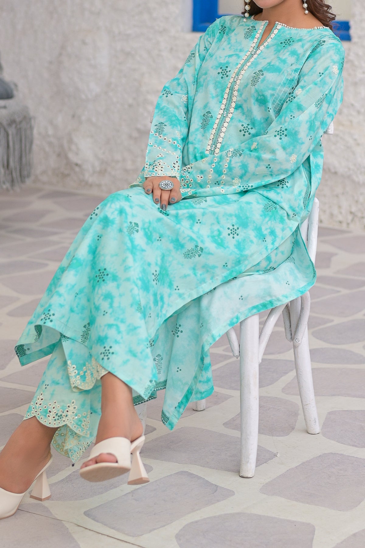 Aqua Green Floral Print 2-Piece Lawn Suit | Lace & Embroidered Sleeves | DPC-449