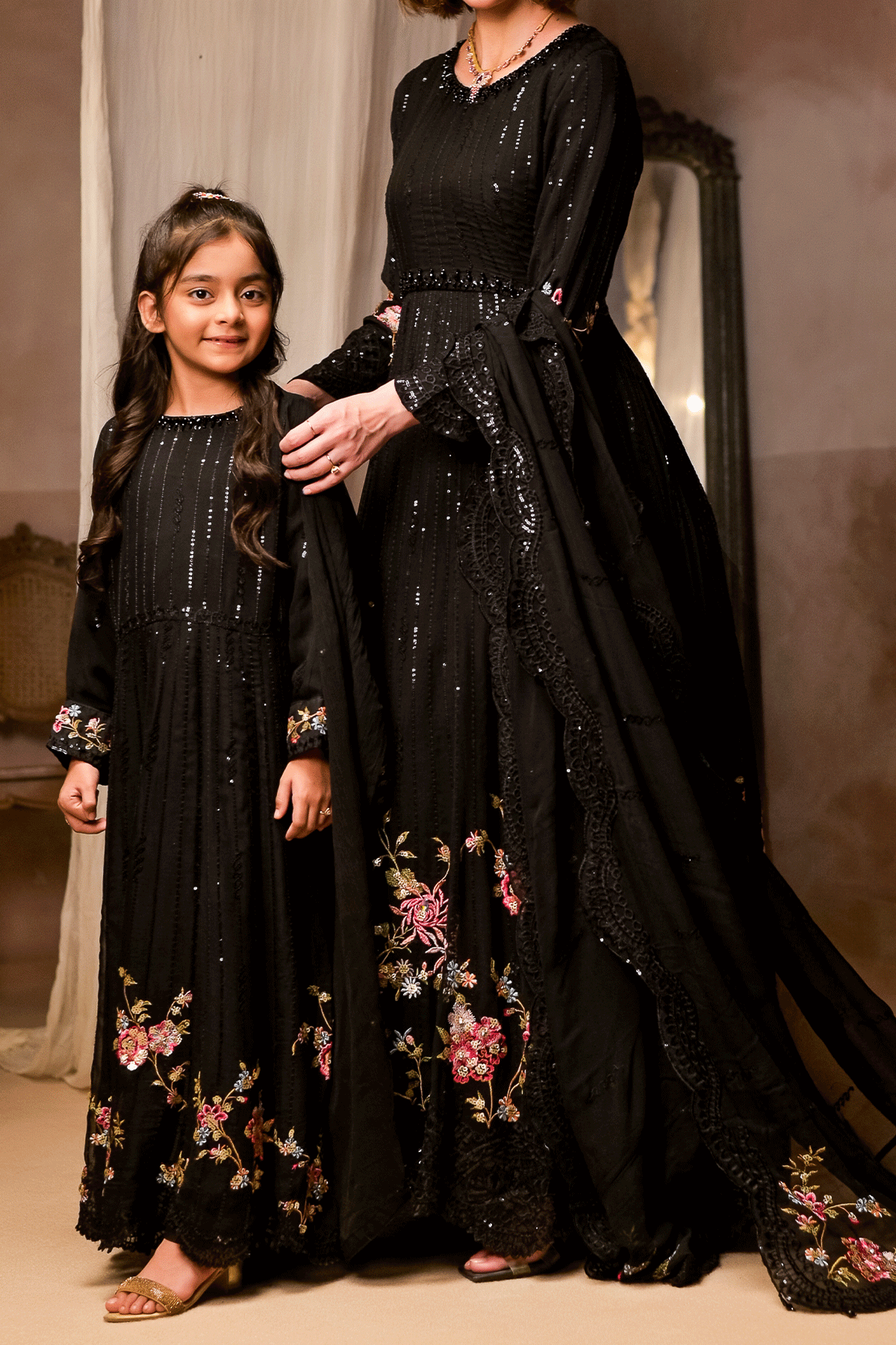 Kids and women's matching black embroidered dupatta suit – twinning outfit