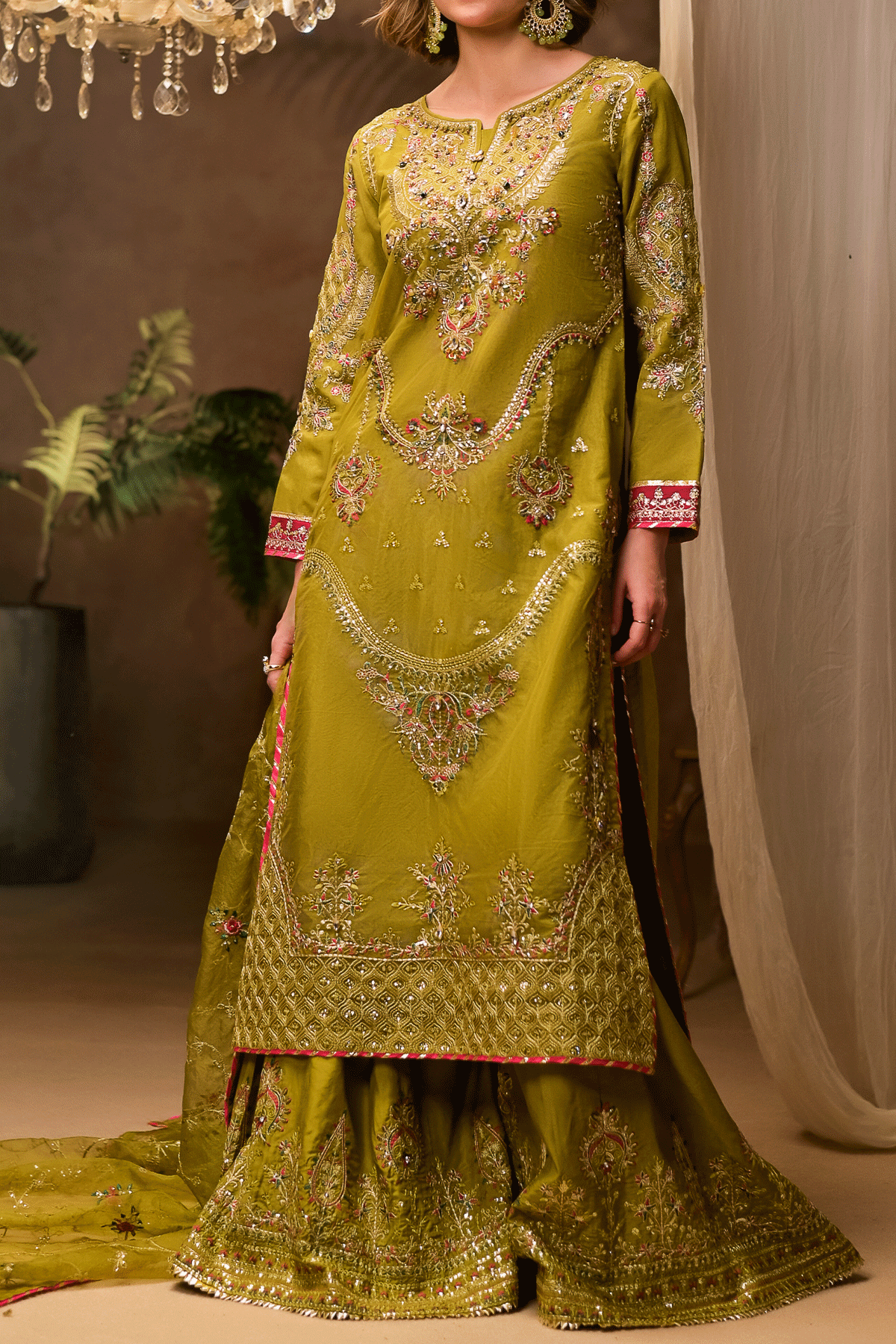 Mustard organza kameez sharara set with Rafia embroidery for women