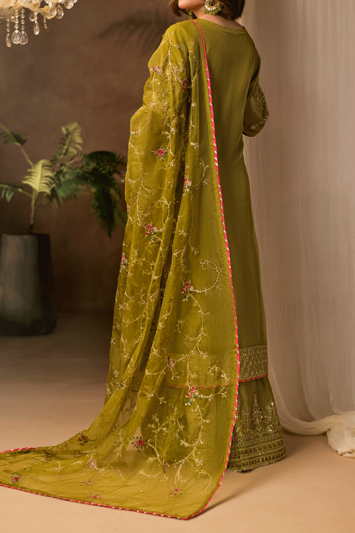 Mustard organza kameez sharara set with Rafia embroidery for women