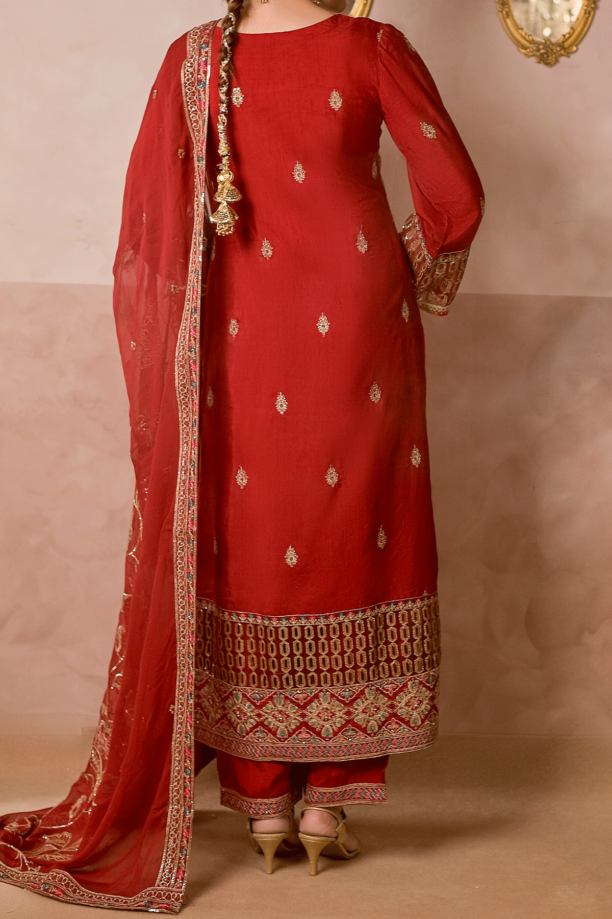 Maroon embroidered 3-piece ready to wear outfit with Zarufa embellishments