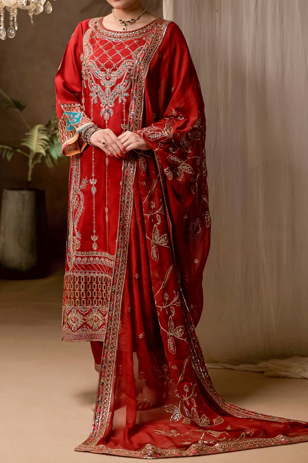 Maroon embroidered 3-piece ready to wear outfit with Zarufa embellishments