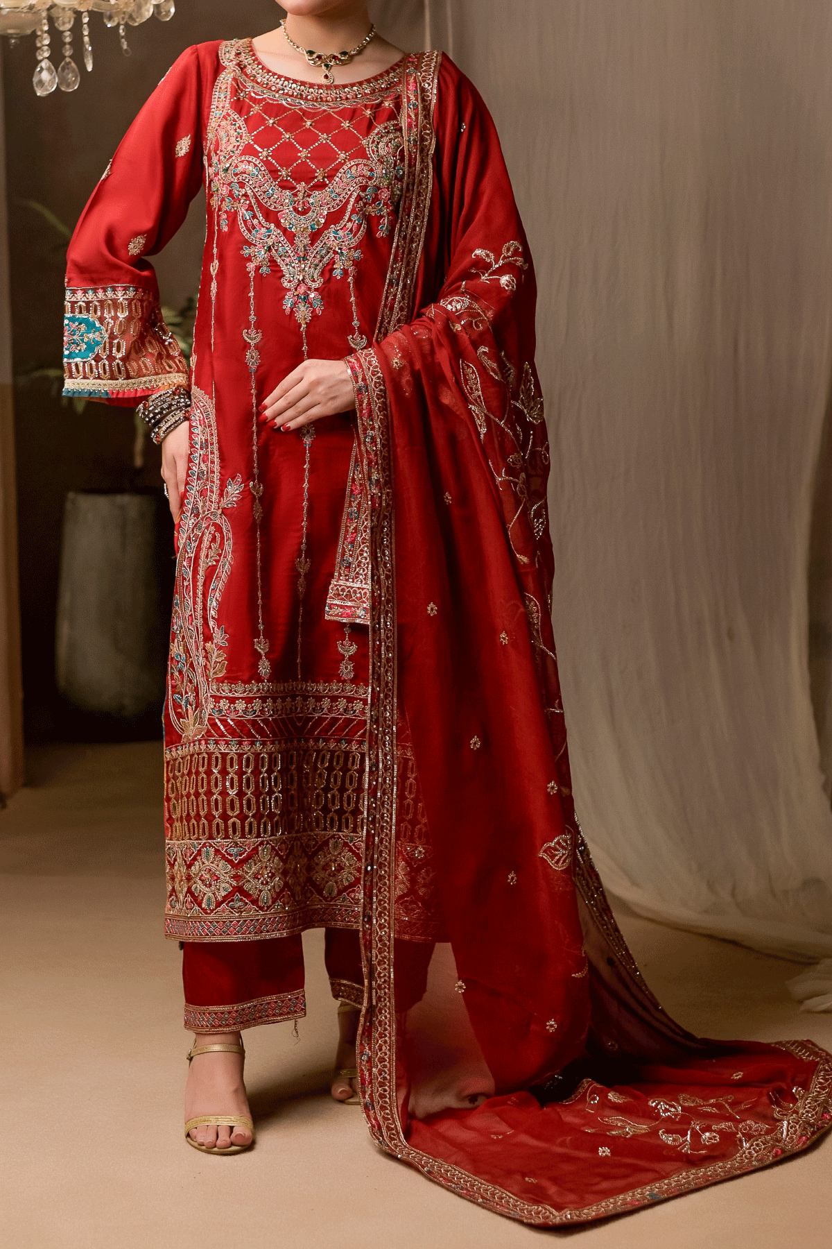 RTW | Maroon Embroidered 3-Piece Outfit | Floral Embellishments | N2430