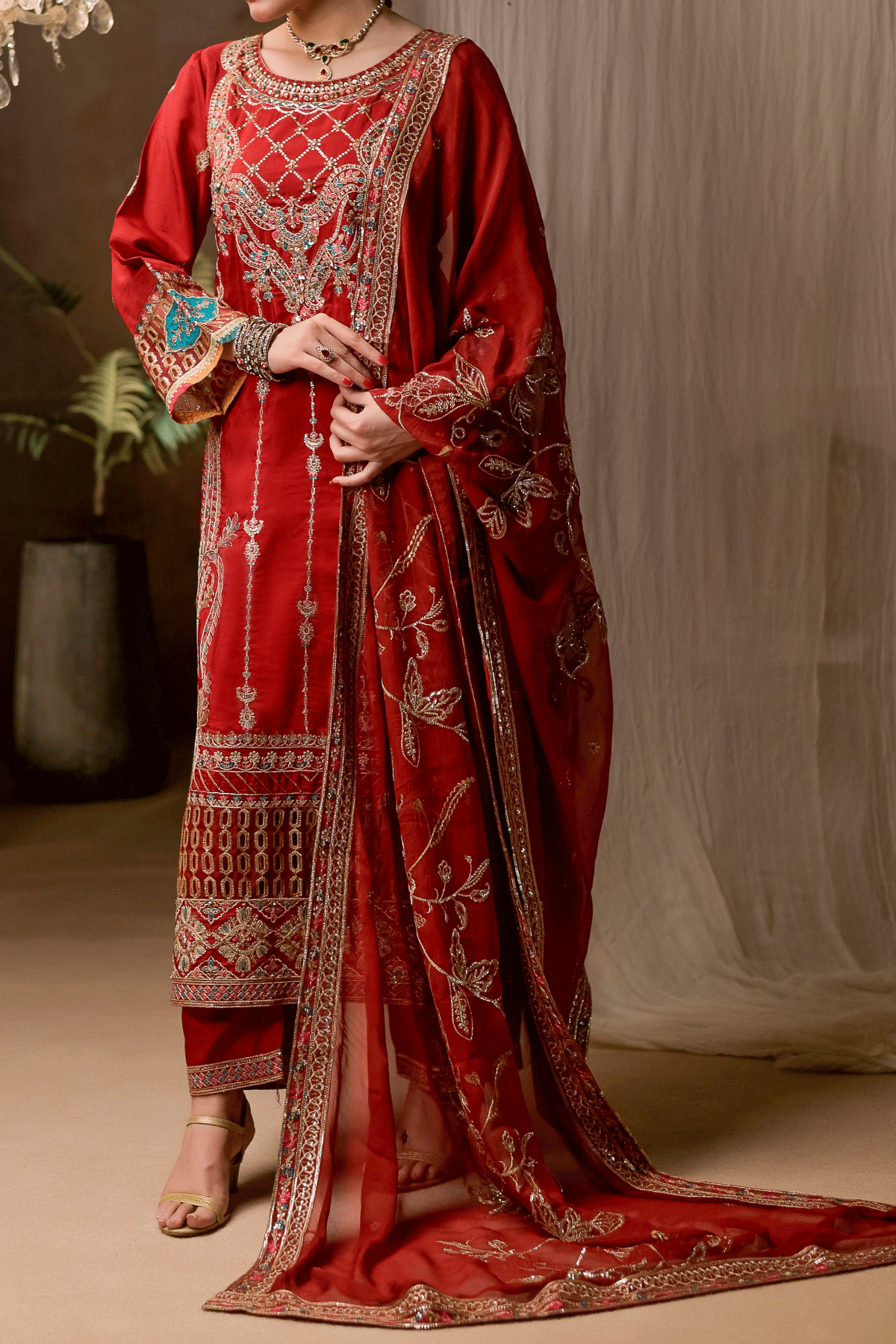 RTW | Maroon Embroidered 3-Piece Outfit | Floral Embellishments | N2430