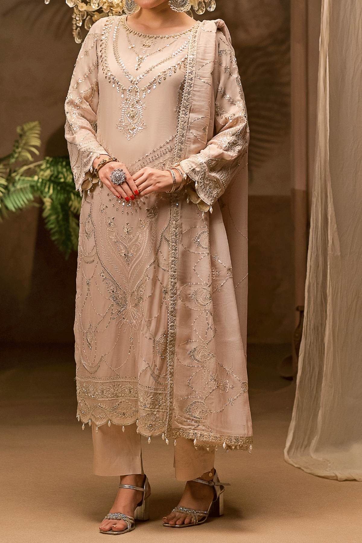 Embroidered chiffon salwar kameez with Zarufa embellishments for special occasions
