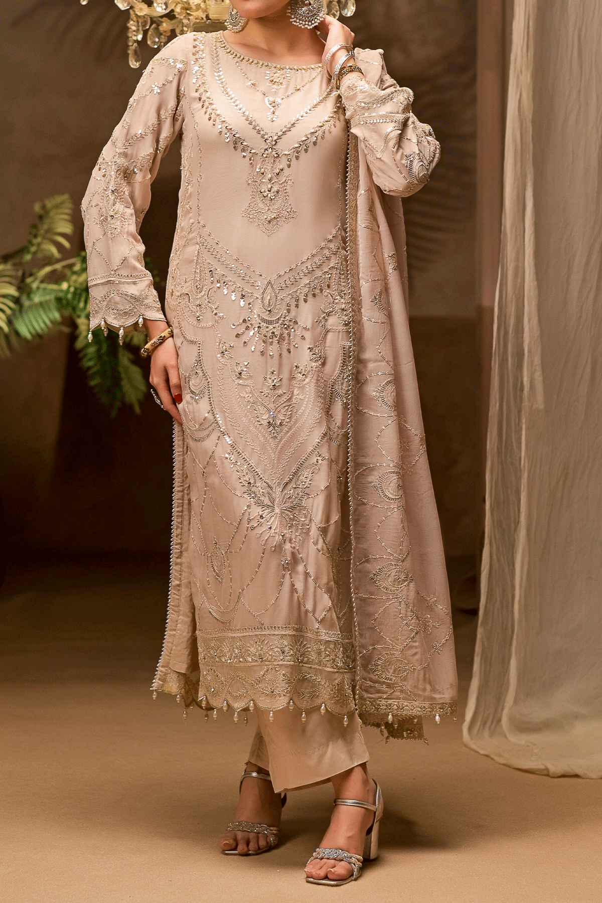 Embroidered chiffon salwar kameez with Zarufa embellishments for special occasions