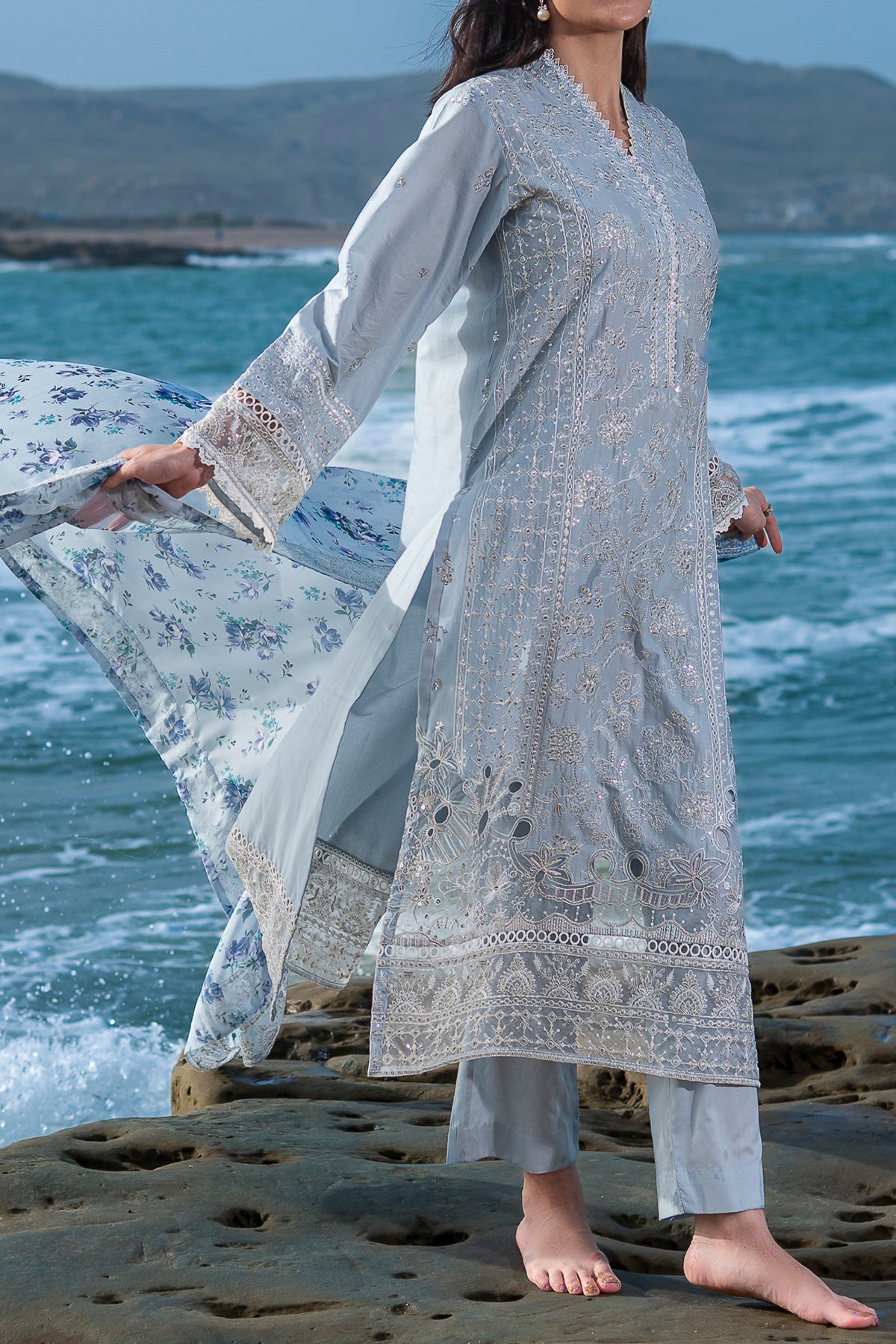 Women's 3 Piece Unstitched Lawn Suit | Embroidered Pakistani Salwar Kameez | DPC 437 B
