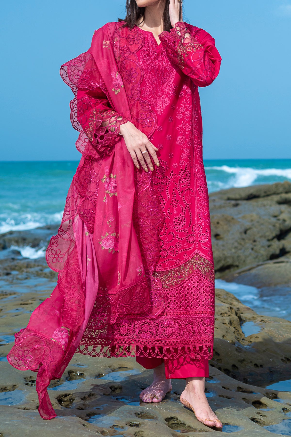 Wild Pink Floral Printed Pakistani Lawn Suit Front View