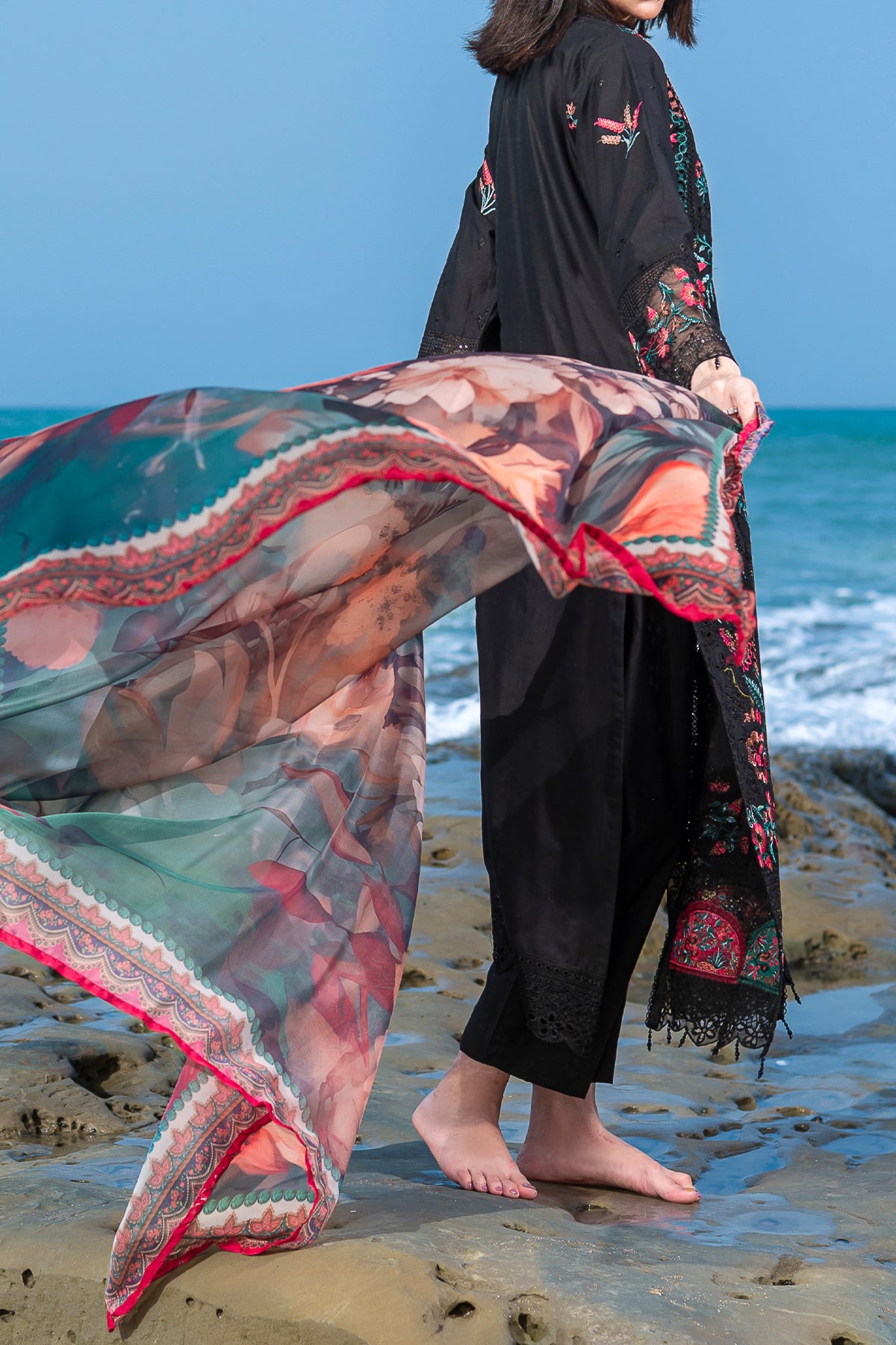 Black Floral Embroidered Pakistani Lawn Dress – Women's Ready-to-Wear 3 Piece Suit