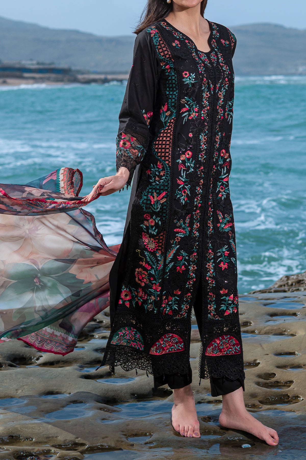 Black Embroidered Pakistani Lawn Dress Ready to Wear 3 Piece Set
