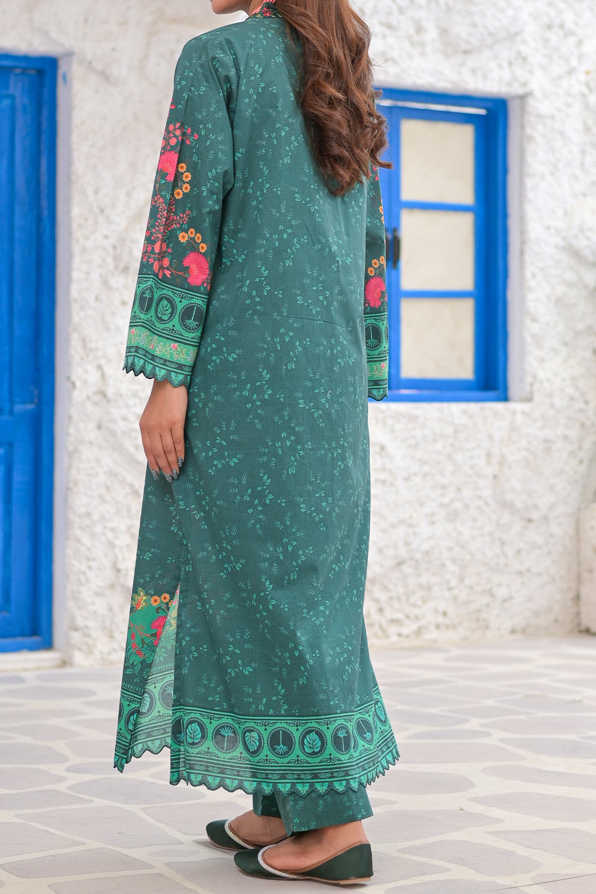 Ocean Green Floral Printed Lawn Suit | Embroidered Neckline | 2-Piece | DPC-448