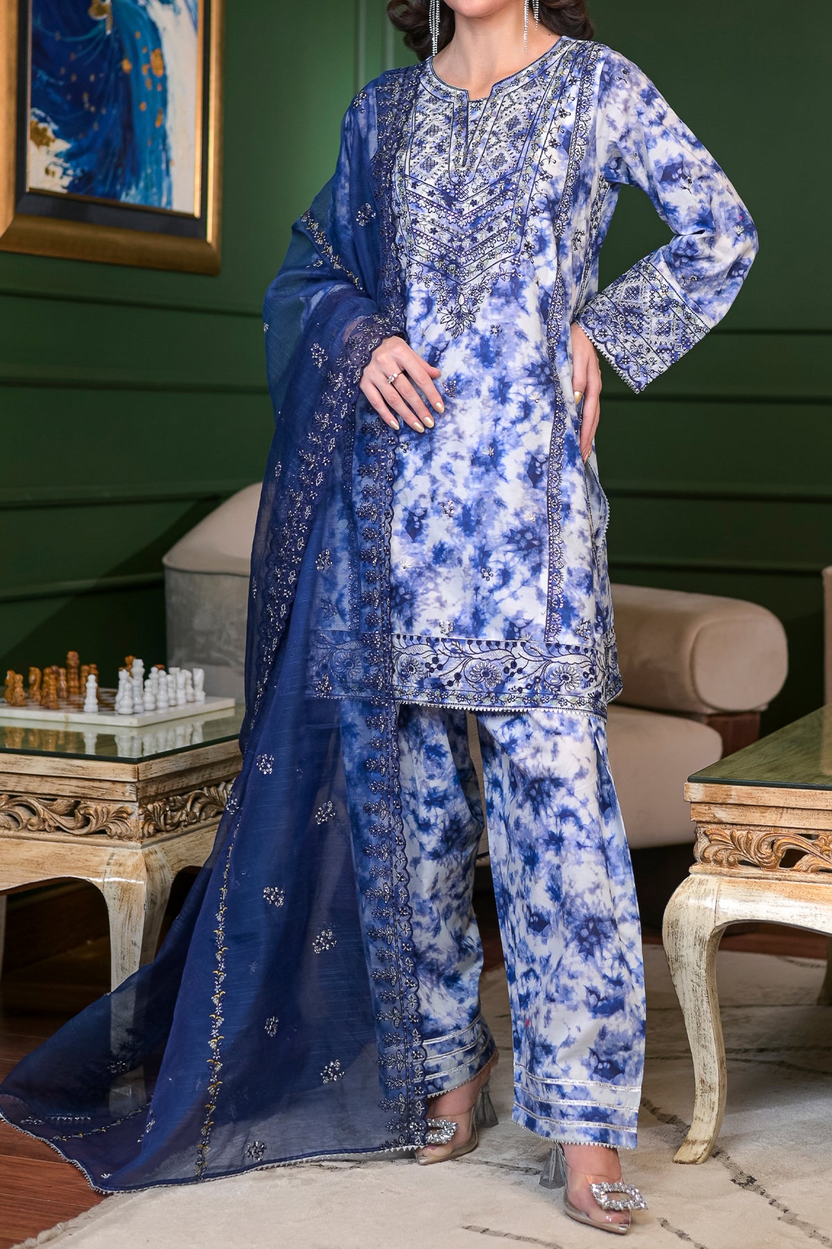 Blue Floral Printed Pakistani Lawn Suit Front View