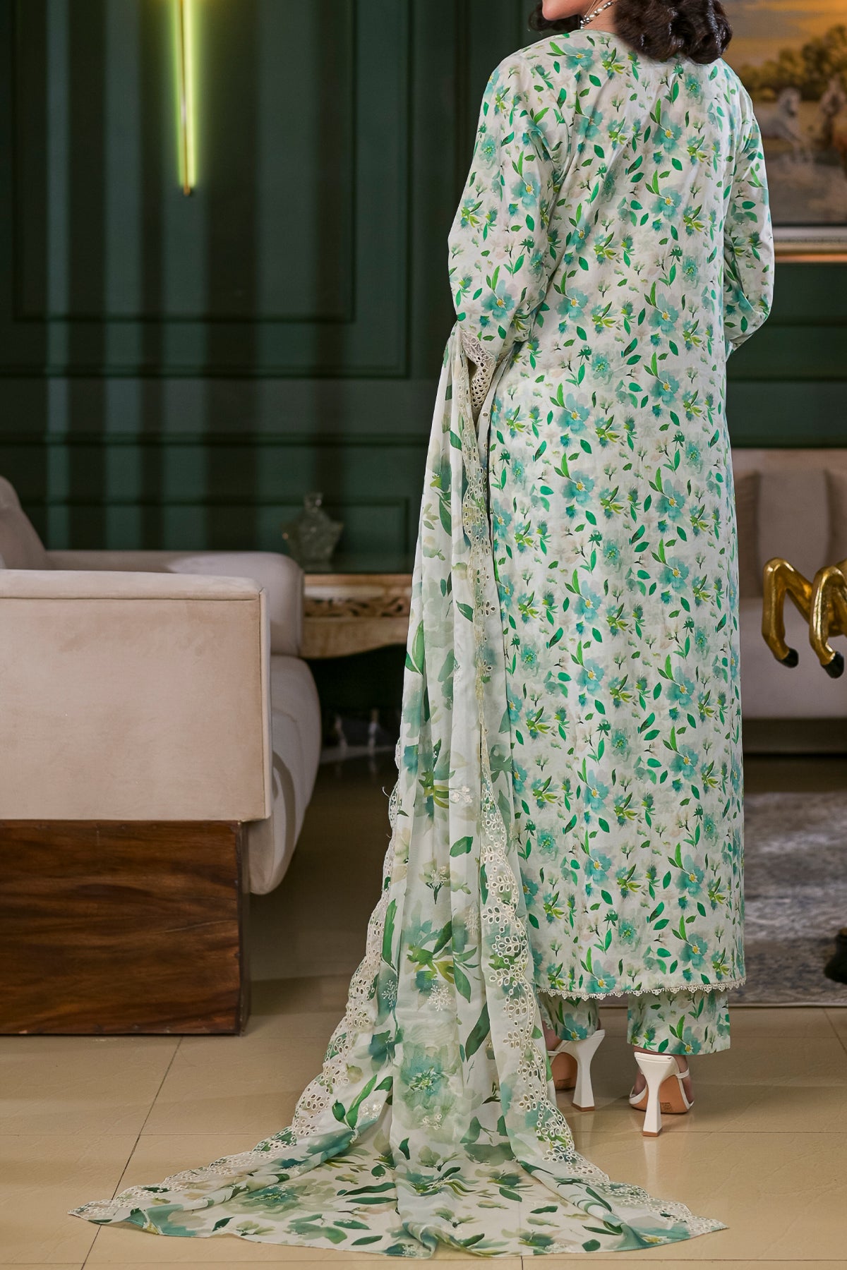 Cream & Sage Green Embroidered Pakistani Lawn Dress | Women's Ready-to-Wear 3 Piece Salwar Kameez | DPC 452