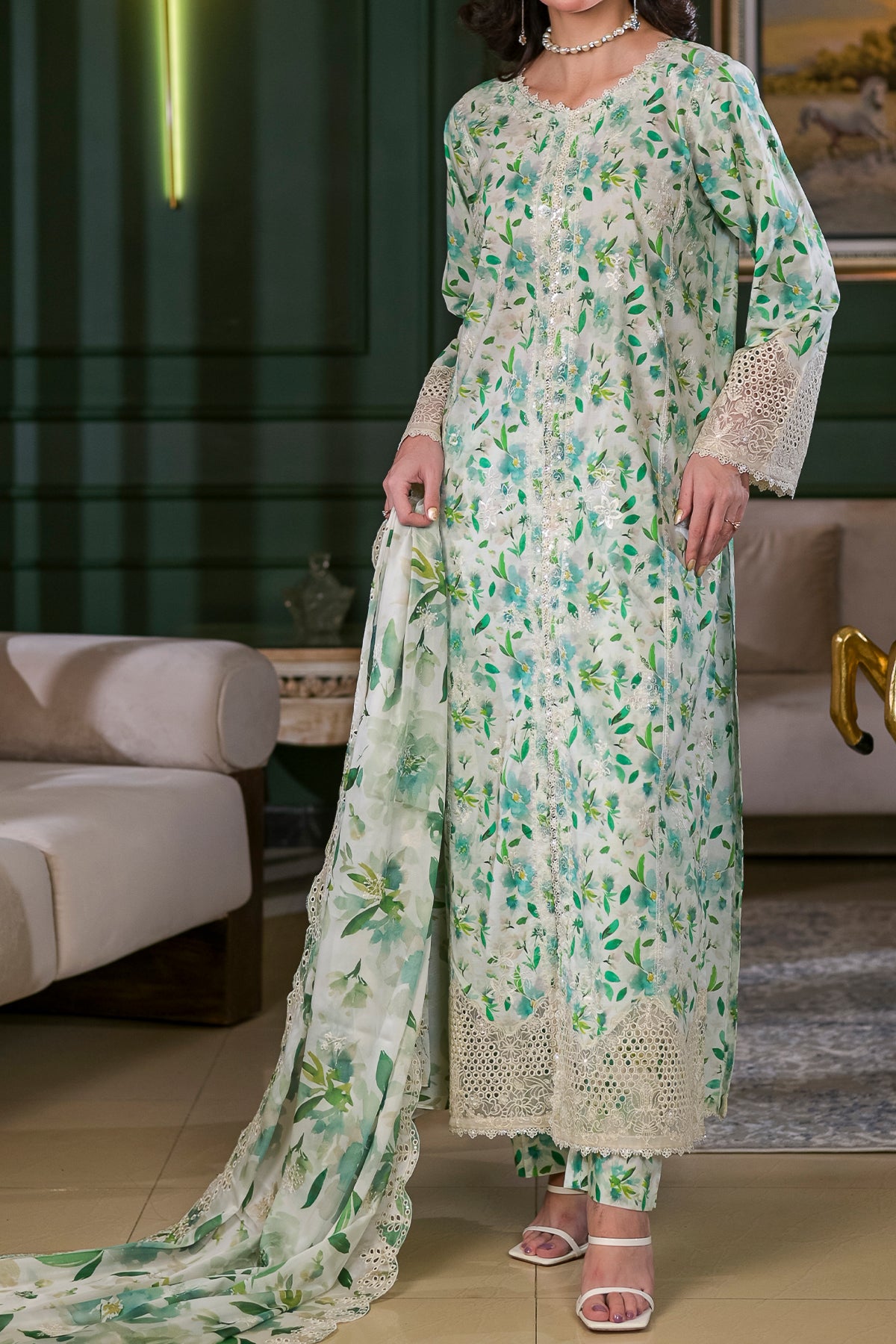 Cream & Sage Green Pakistani Lawn Dress