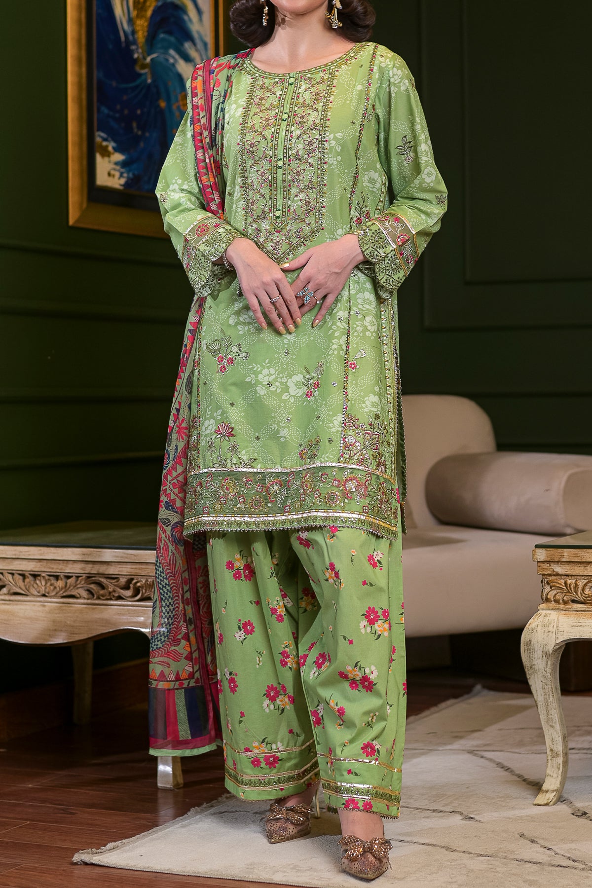 Luxury Printed Lawn Pakistani Suit for Women – 3 Piece Unstitched Summer Dress | DPC 454