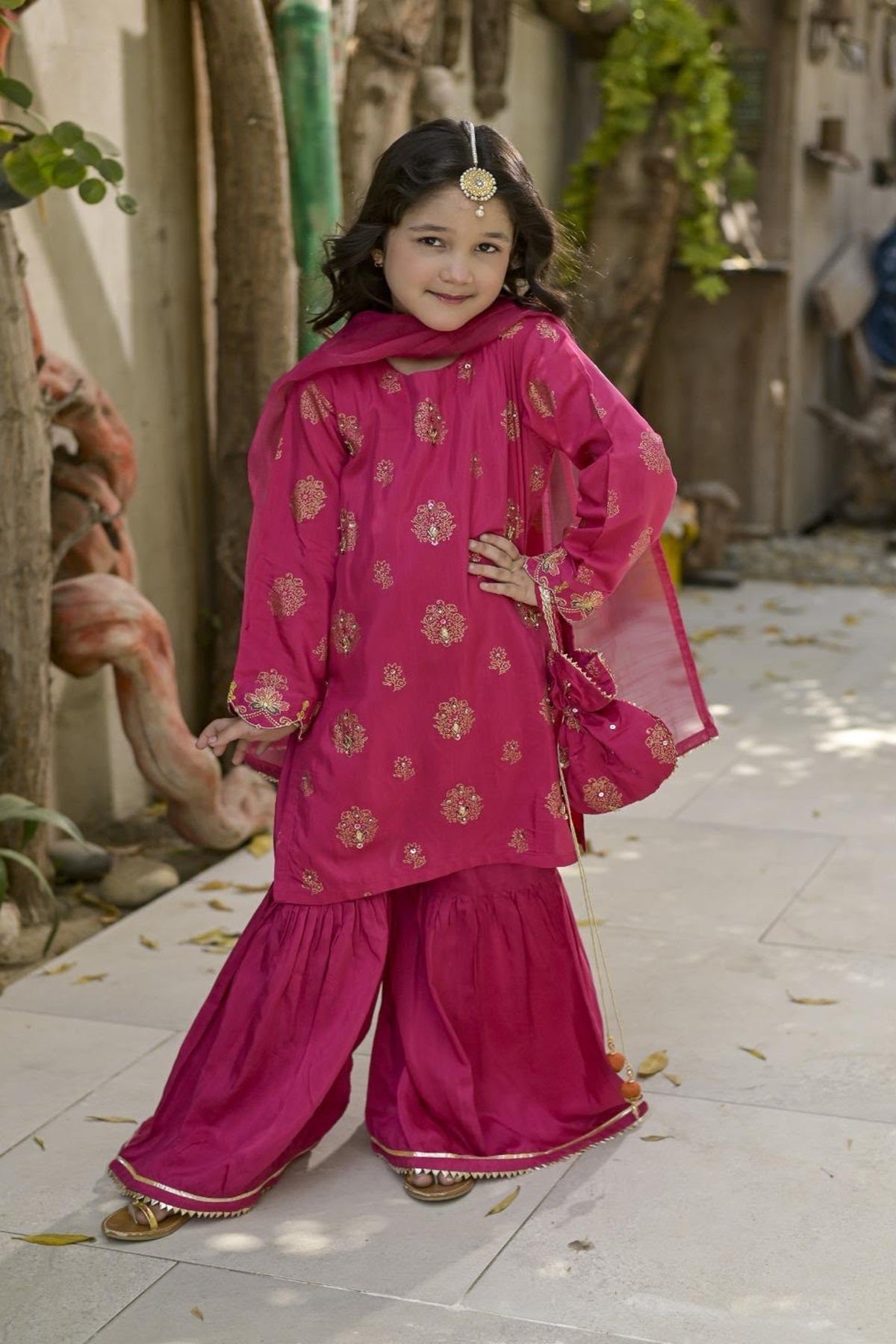 Dark Pink Embroidered Chiffon Sharara – Kids | Girls Pakistani Party Wear