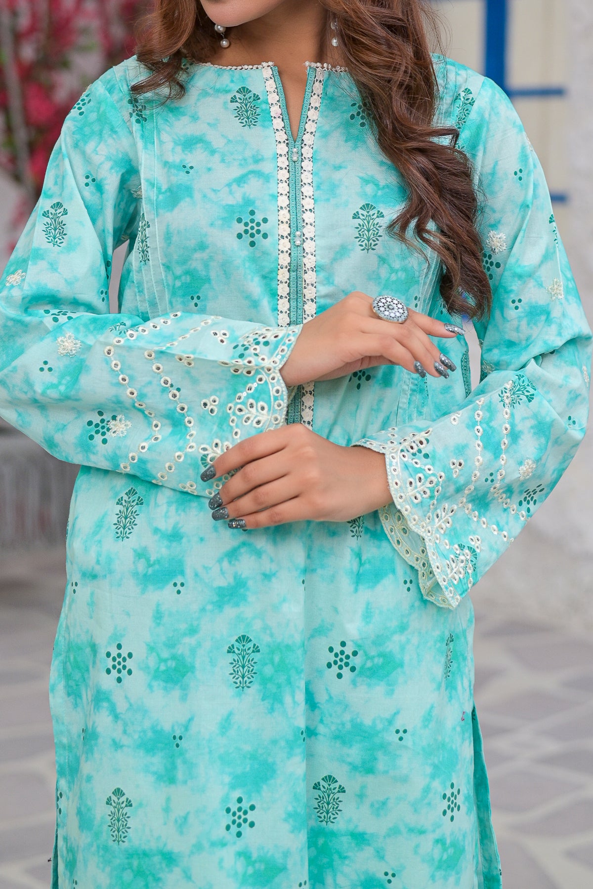 Aqua Green Floral Print 2-Piece Lawn Suit | Lace & Embroidered Sleeves | DPC-449