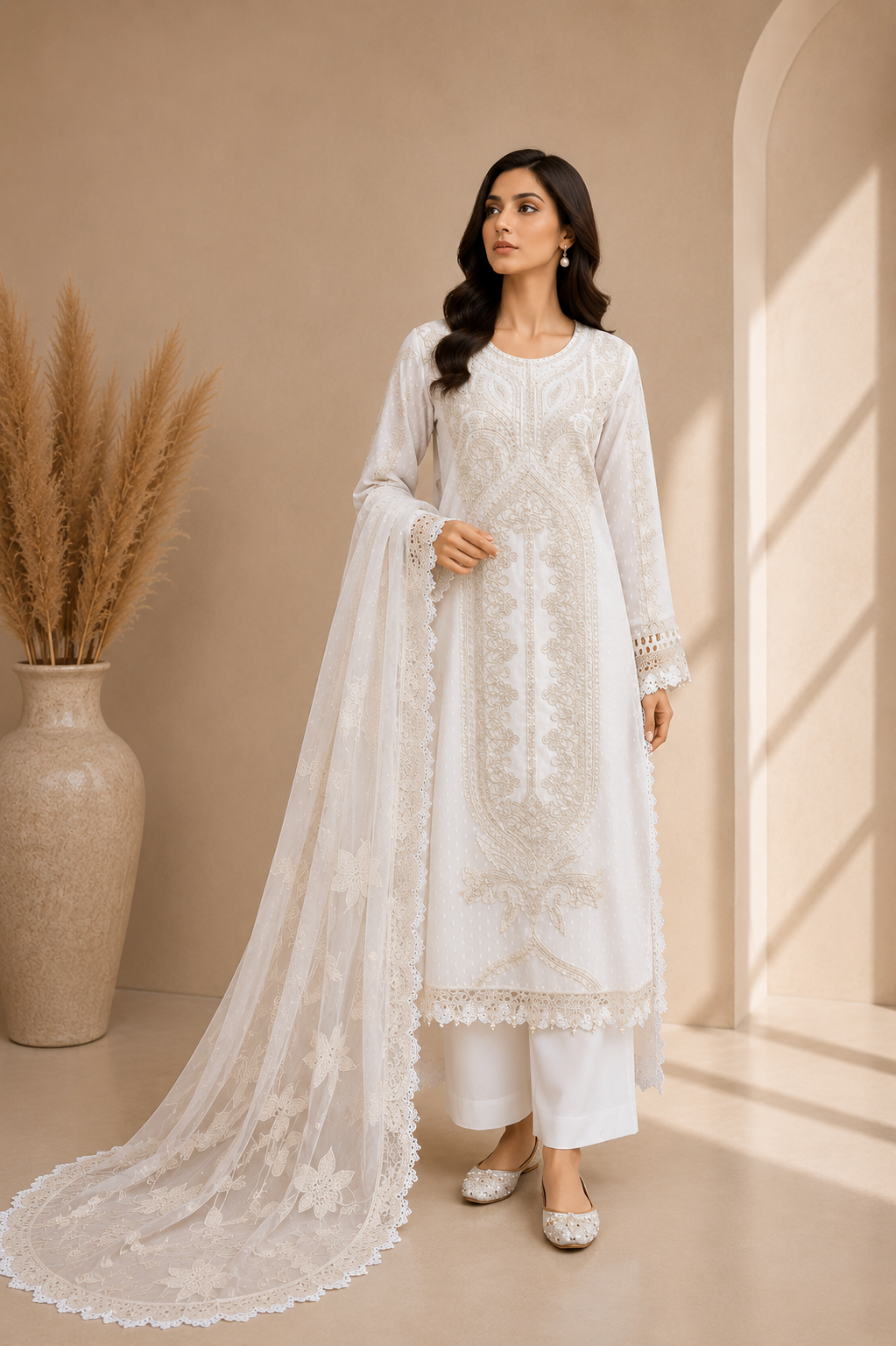 Off-White Embroidered Pakistani 3-Piece Maria B Lawn Suit | Stitched Ready-to-Wear | EL-26-01