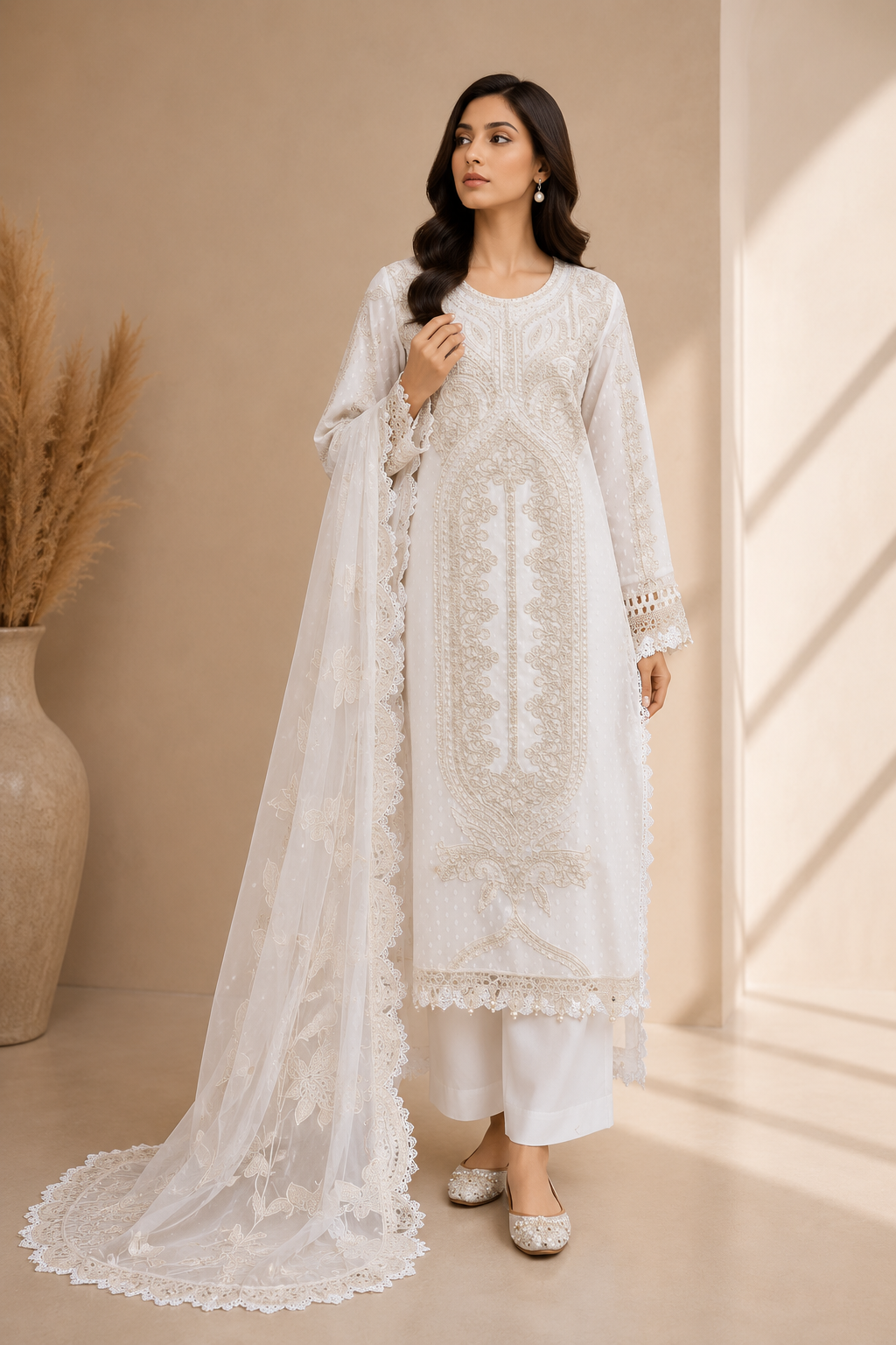 Off-White Embroidered Pakistani 3-Piece Maria B Lawn Suit | Stitched Ready-to-Wear | EL-26-01