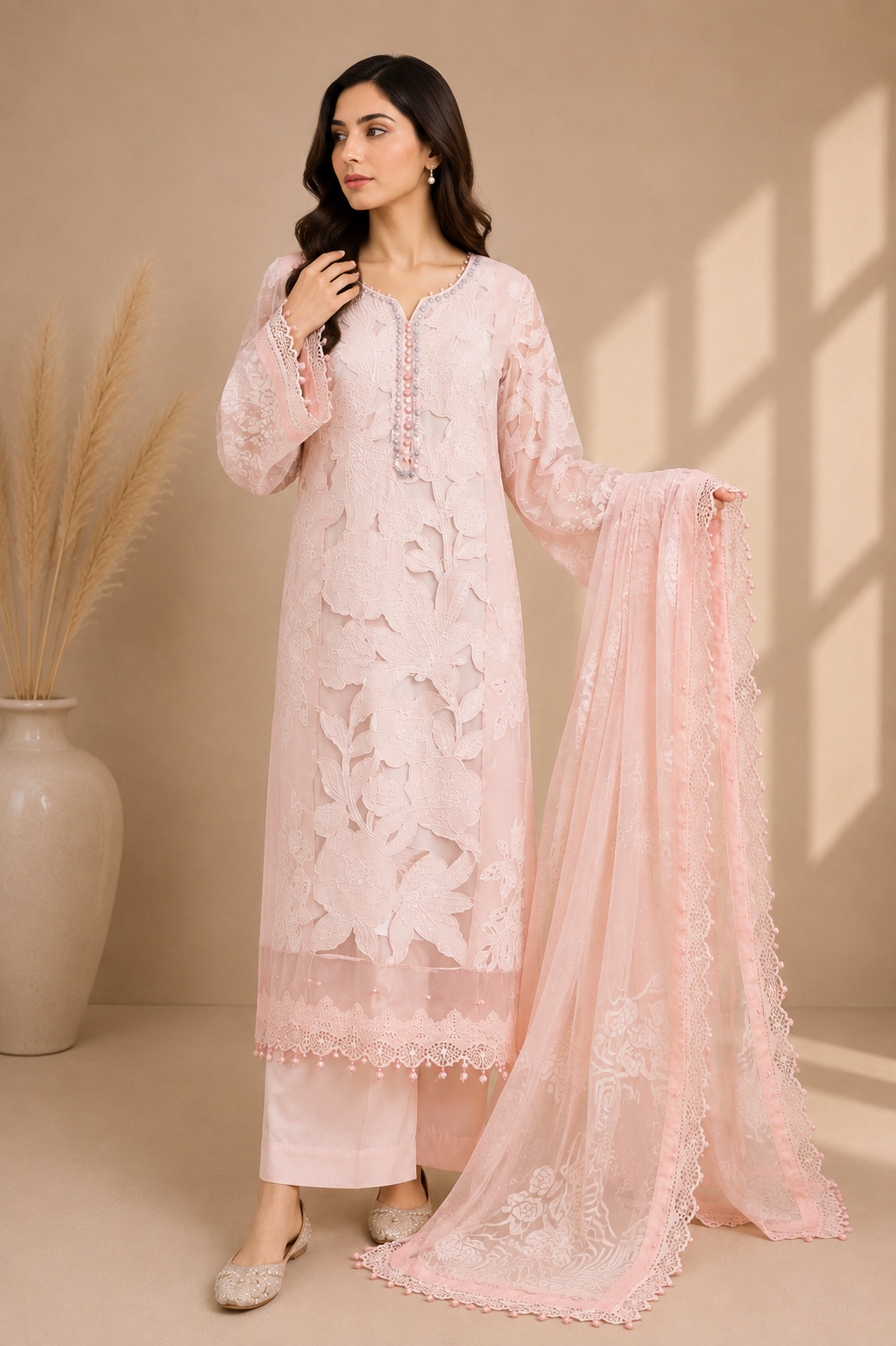 Pink Embroidered Pakistani Lawn 3 Piece Suit for Women – Stitched | EL-26-02