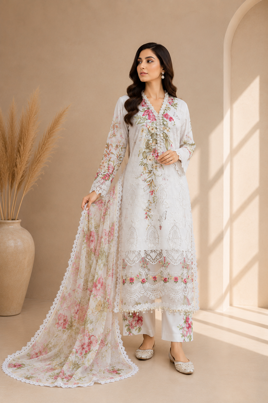 Off-White Embroidered Pakistani Lawn Suit – Custom Stitched 3-Piece Dress with Chiffon Dupatta - EL-26-03