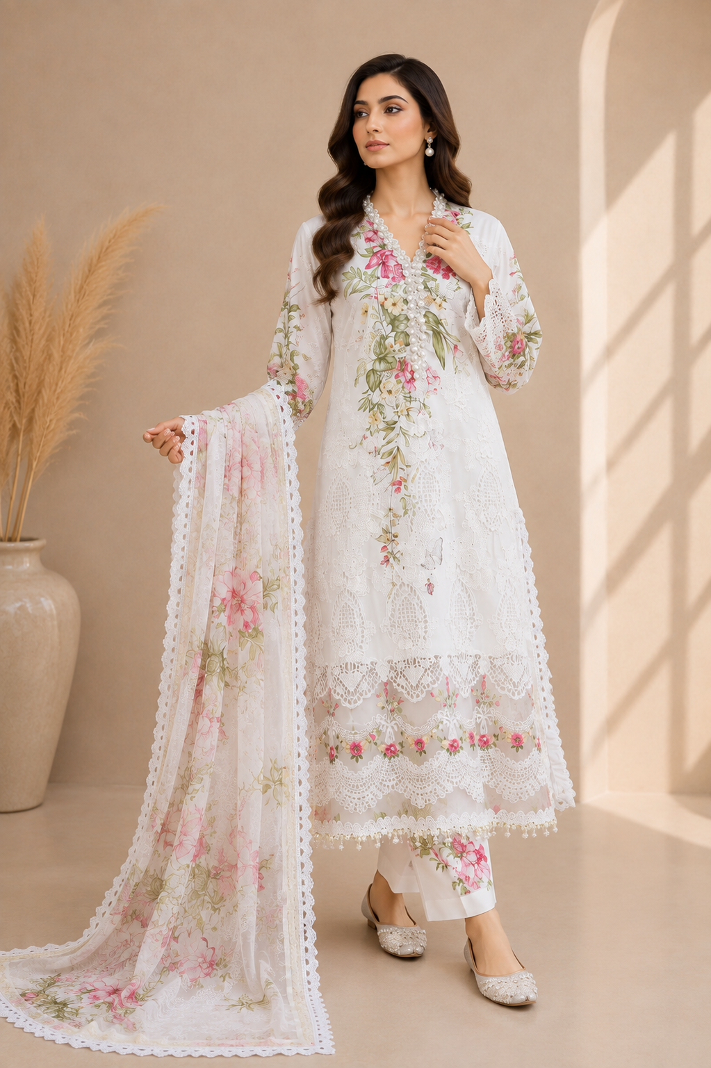 Off-White Embroidered Pakistani Lawn Suit – Custom Stitched 3-Piece Dress with Chiffon Dupatta - EL-26-03