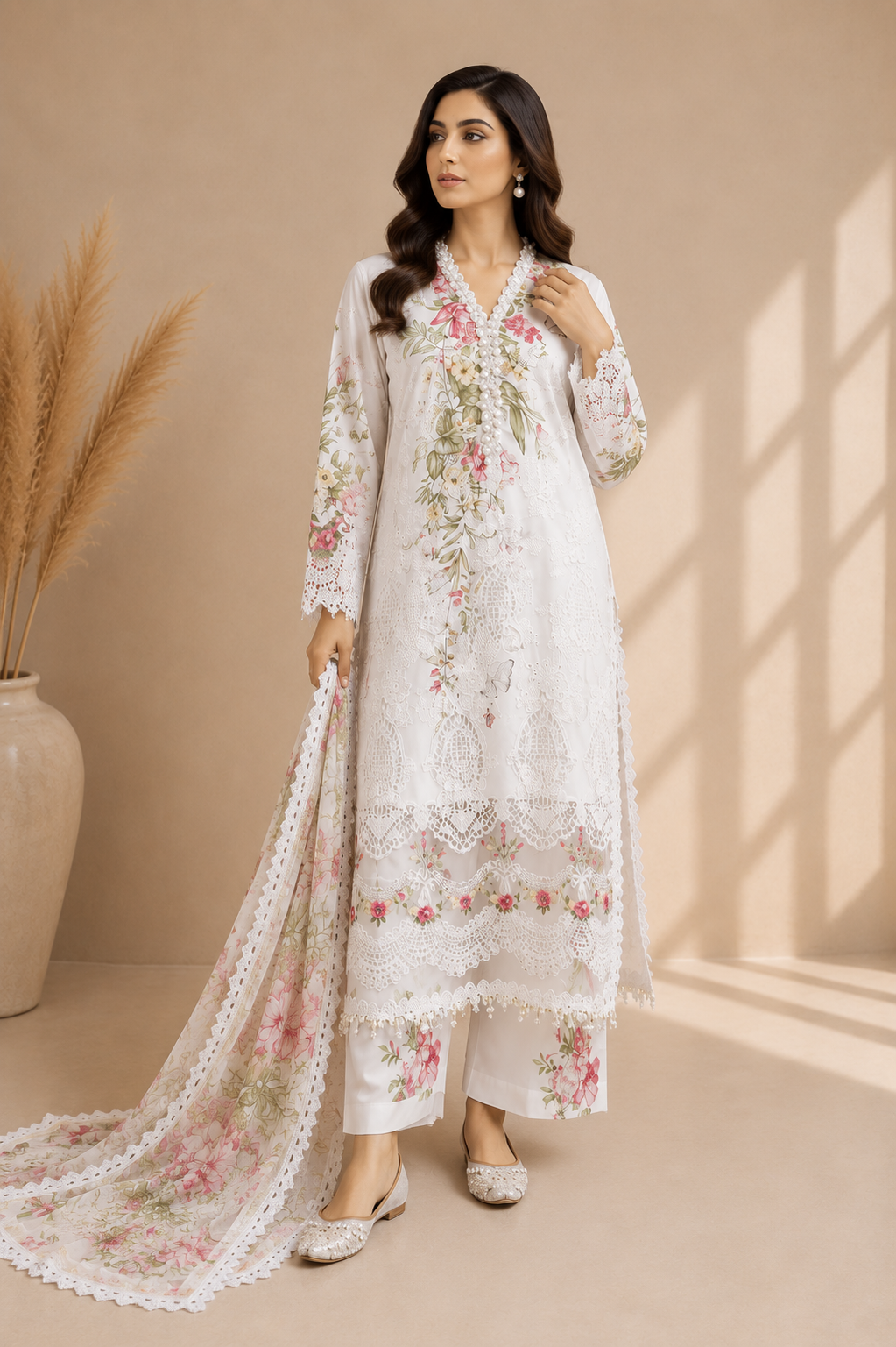 Off-White Embroidered Pakistani Lawn Suit – Custom Stitched 3-Piece Dress with Chiffon Dupatta - EL-26-03
