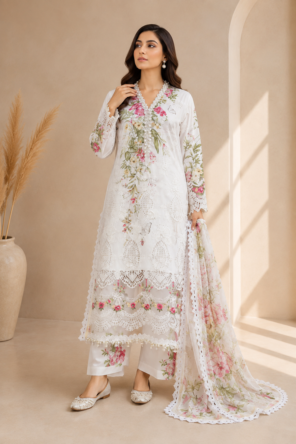 Off-White Embroidered Pakistani Lawn Suit – Custom Stitched 3-Piece Dress with Chiffon Dupatta - EL-26-03