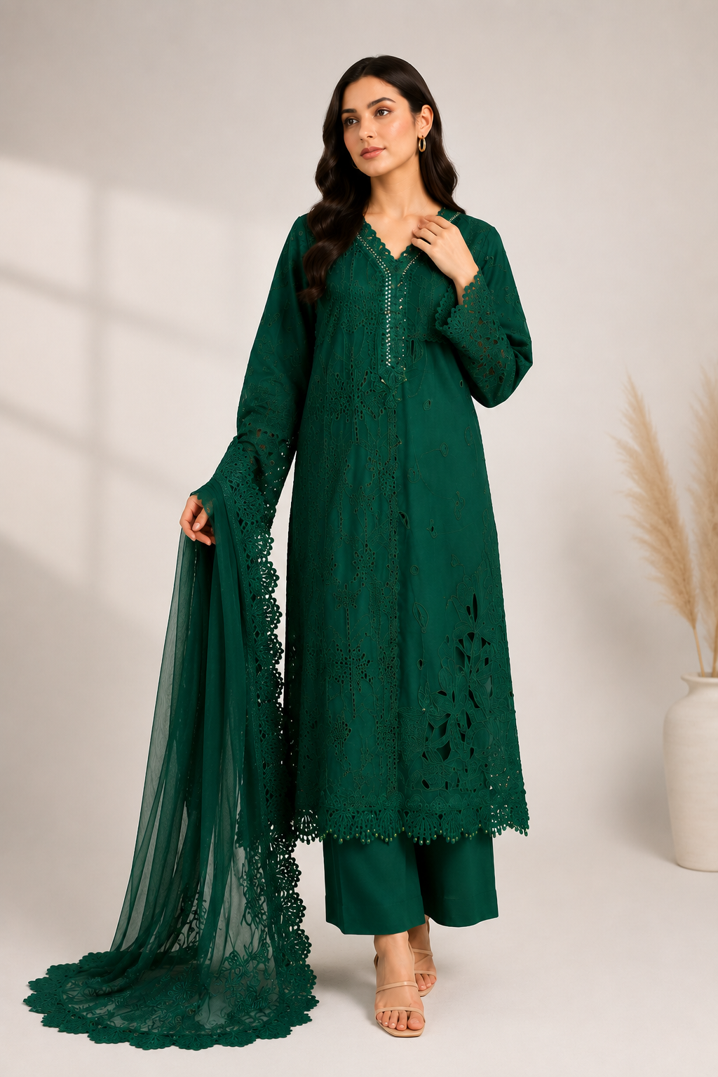 Emerald green embroidered Pakistani lawn suit for women